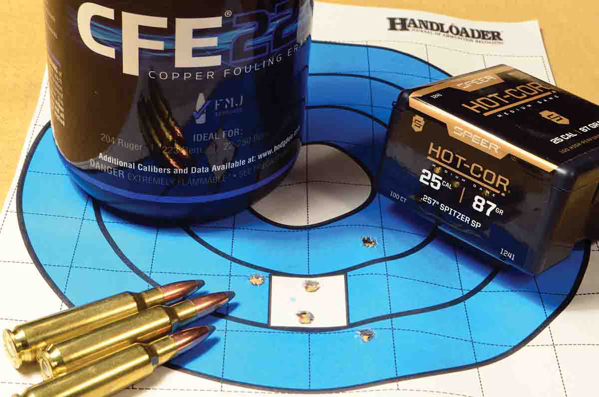 A winning combination: CFE 223, 87-grain Speer Hot-Cor “medium-game” bullets and a 22-inch barreled Savage Model 99E. With velocity of 2,986 fps, the bullets stabilized properly in the short barrel and delivered a group of 1.73 inches at 100 yards with iron sights. That could hardly be bettered, not by me, anyway.